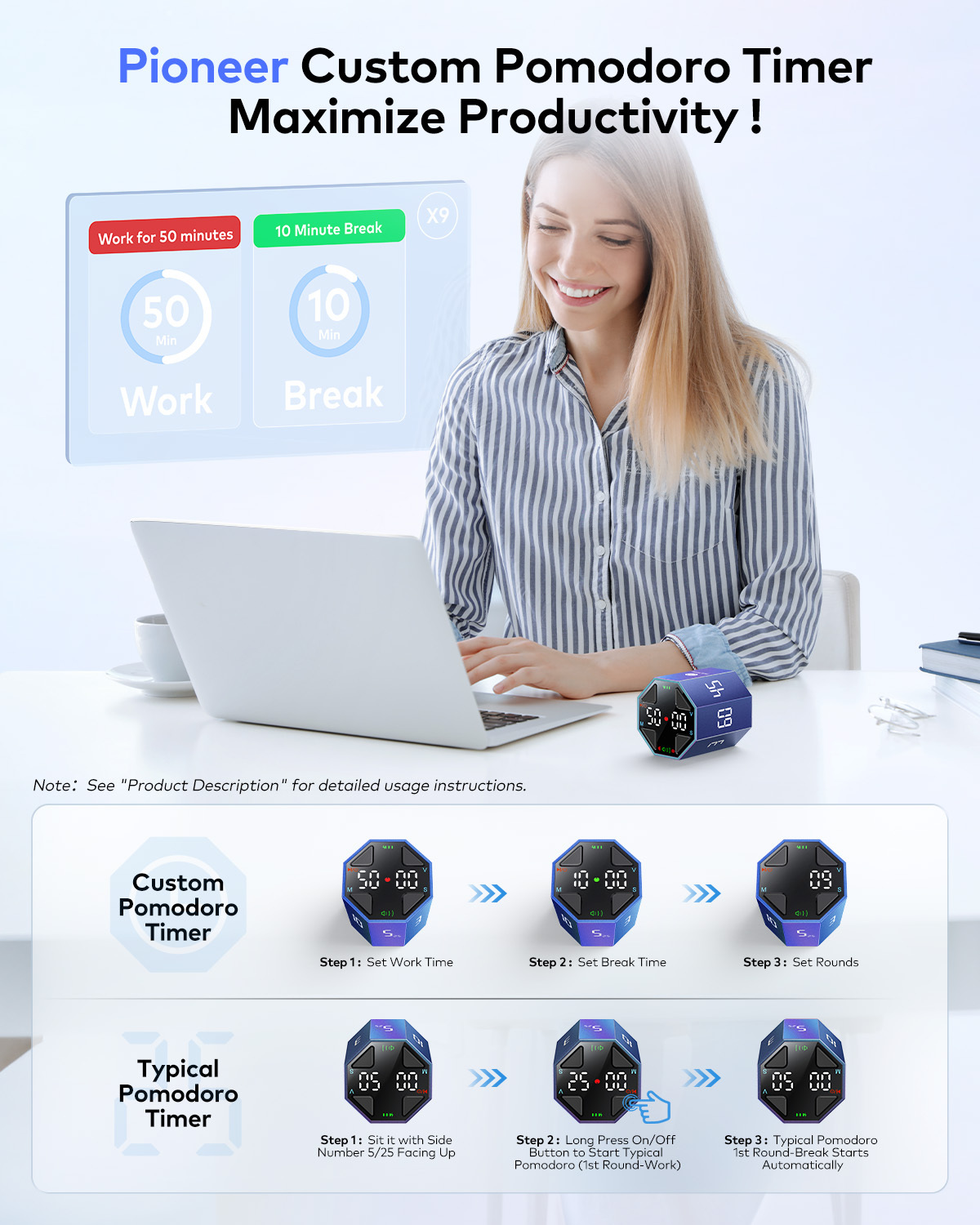 Ticktime Pomodoro Timer, Productivity Timer, Typical & Customizable Pomodoro, Quick-Flip Countdown, 3/5/10/15/30/45/60Min Presets, Stopwatch, Rechargeable, Silent, Sound & Vibration, Magnetic, Blue