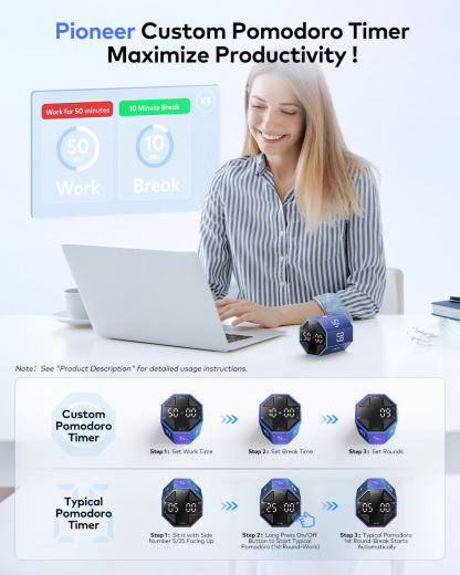 Ticktime Pomodoro Timer, Productivity Timer, Typical & Customizable Pomodoro, Quick-Flip Countdown, 3/5/10/15/30/45/60Min Presets, Stopwatch, Rechargeable, Silent, Sound & Vibration, Magnetic, Blue