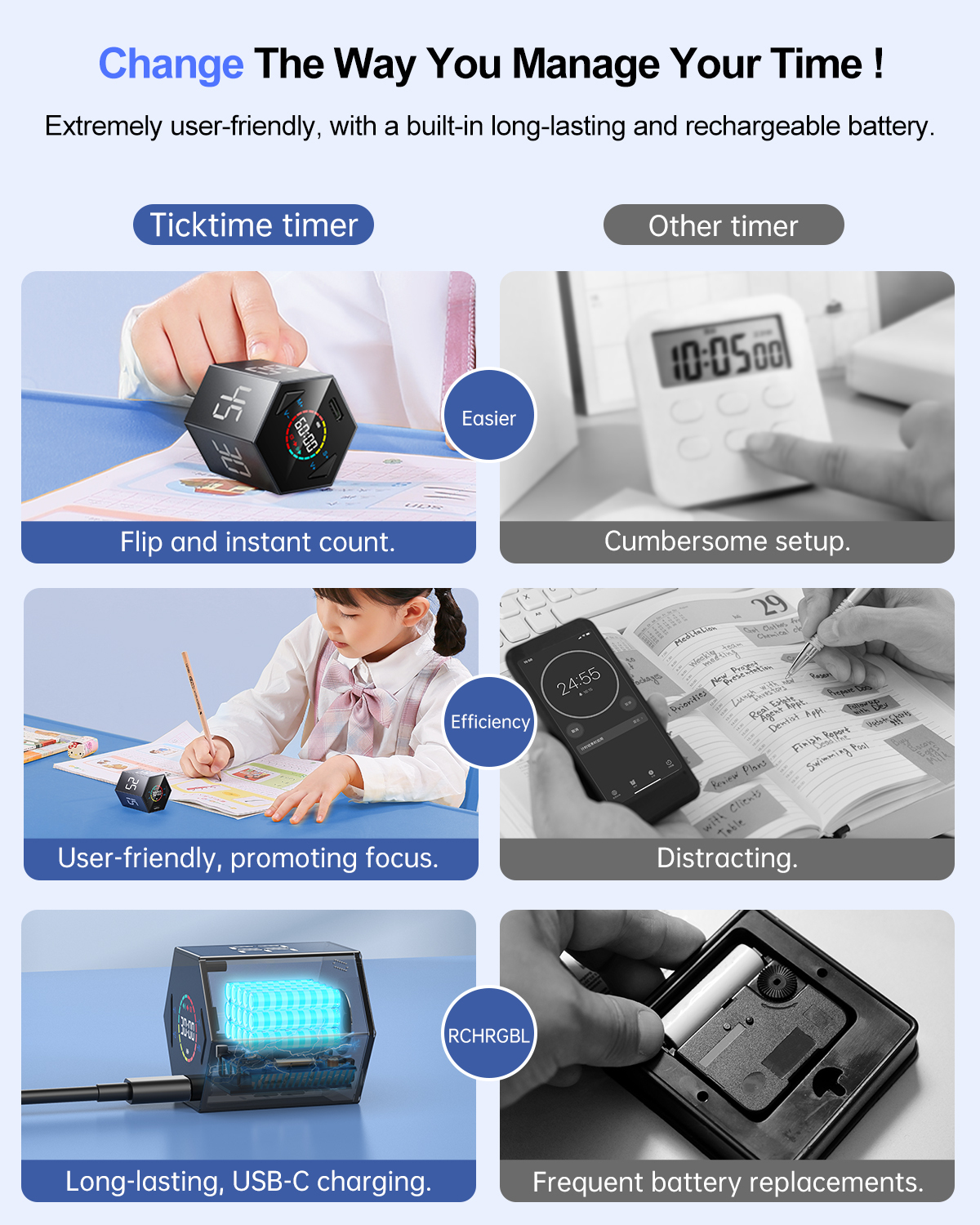 Ticktime Pomodoro Timer, Productivity Timer Cube, 5/15/25/30/45/60 Min Presets, Custom Countdown & Stopwatch 1s–99m59s, Sound/Vibration/Silent, Magnetic, Rechargeable, for ADHD Study Work, Black