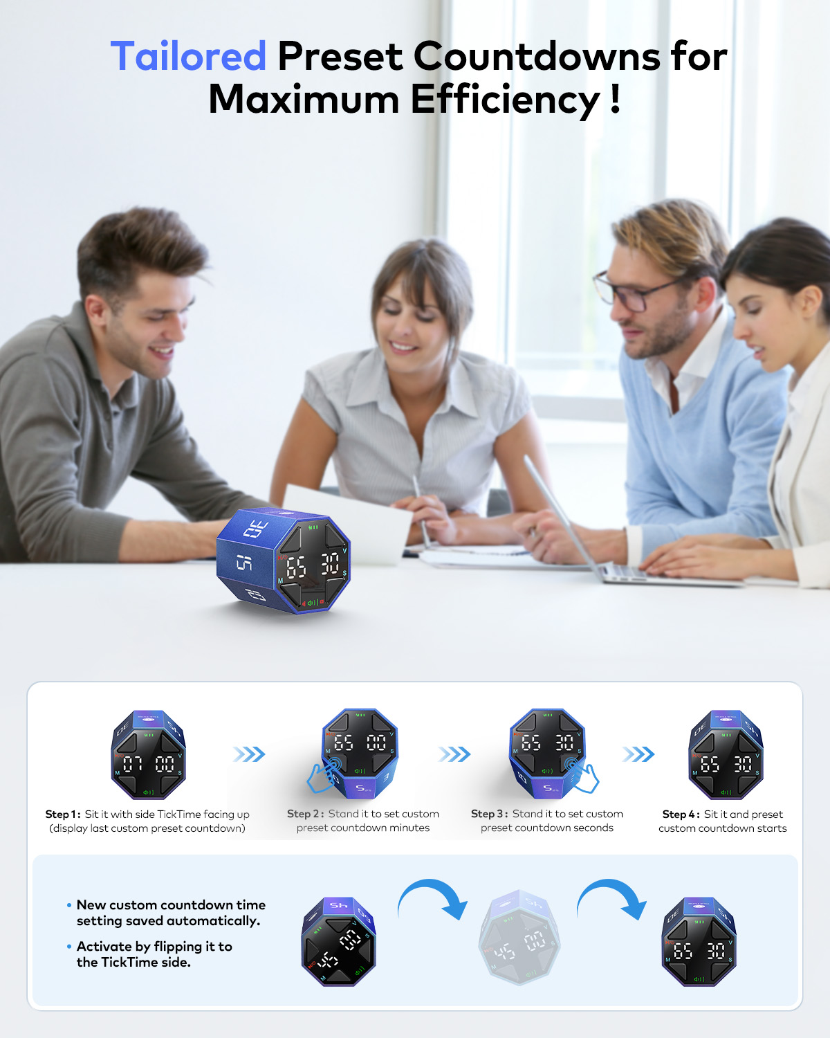 Ticktime Pomodoro Timer, Productivity Timer, Typical & Customizable Pomodoro, Quick-Flip Countdown, 3/5/10/15/30/45/60Min Presets, Stopwatch, Rechargeable, Silent, Sound & Vibration, Magnetic, Blue