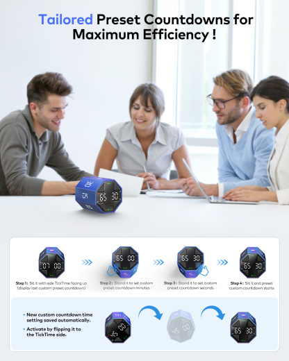 Ticktime Pomodoro Timer, Productivity Timer, Typical & Customizable Pomodoro, Quick-Flip Countdown, 3/5/10/15/30/45/60Min Presets, Stopwatch, Rechargeable, Silent, Sound & Vibration, Magnetic, Blue