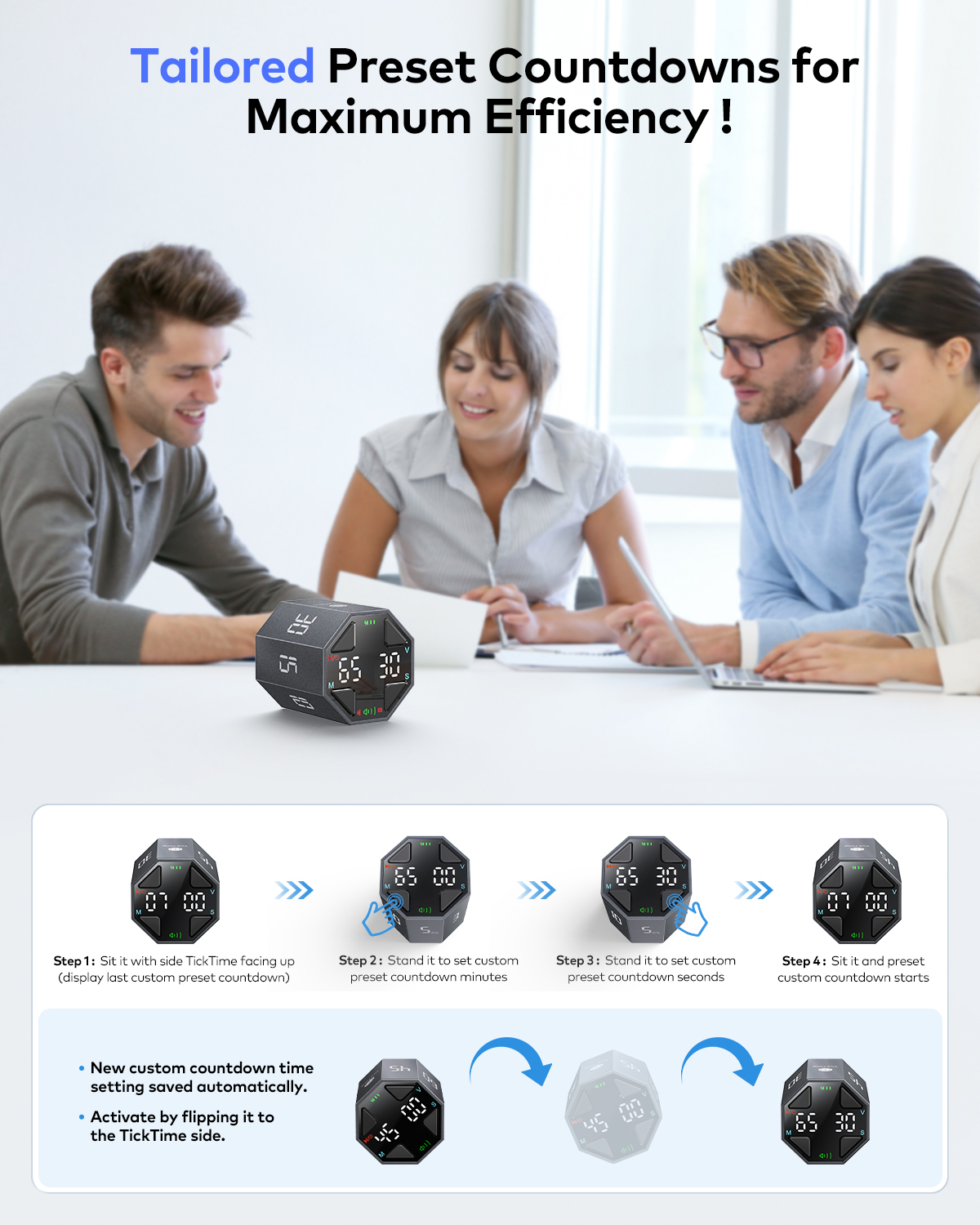 Ticktime Pomodoro Timer, Productivity Timer, Typical & Customizable Pomodoro, Quick-Flip Countdown, 3/5/10/15/30/45/60Min Presets, Stopwatch, Rechargeable, Silent, Sound & Vibration, Magnetic, Black