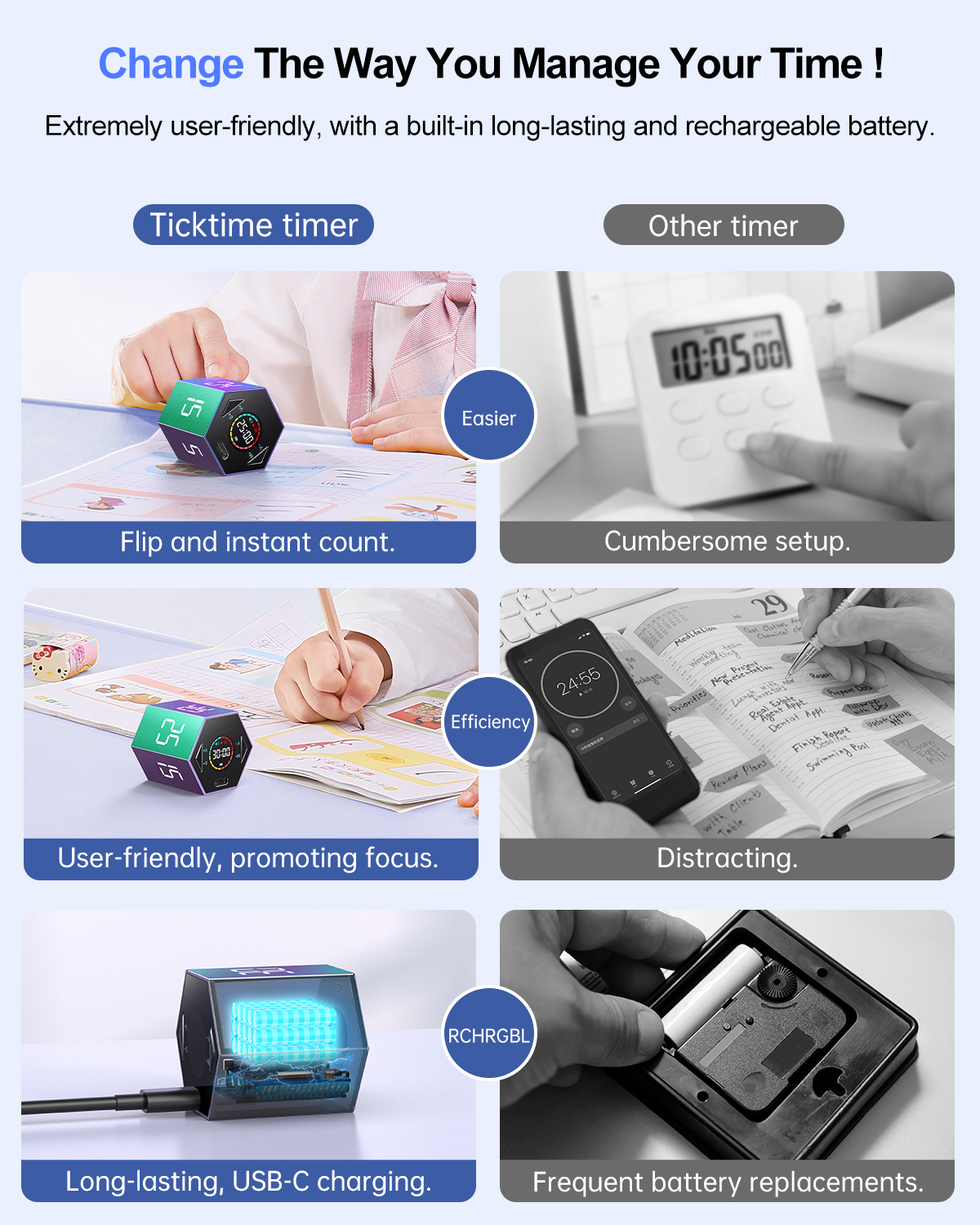[Copy]Ticktime Pomodoro Timer, Productivity Timer Cube, 5/15/25/30/45/60 Min Presets, Custom Countdown & Stopwatch 1s–99m59s, Sound/Vibration/Silent, Magnetic, Rechargeable, for ADHD Study Work, Violet