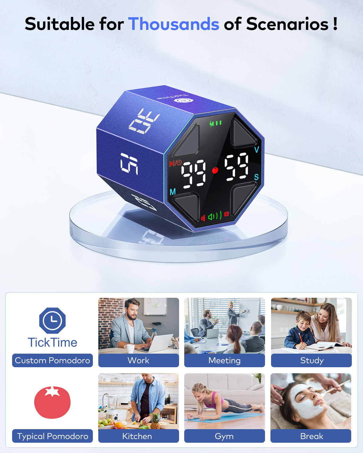Ticktime Pomodoro Timer, Productivity Timer, Typical & Customizable Pomodoro, Quick-Flip Countdown, 3/5/10/15/30/45/60Min Presets, Stopwatch, Rechargeable, Silent, Sound & Vibration, Magnetic, Blue