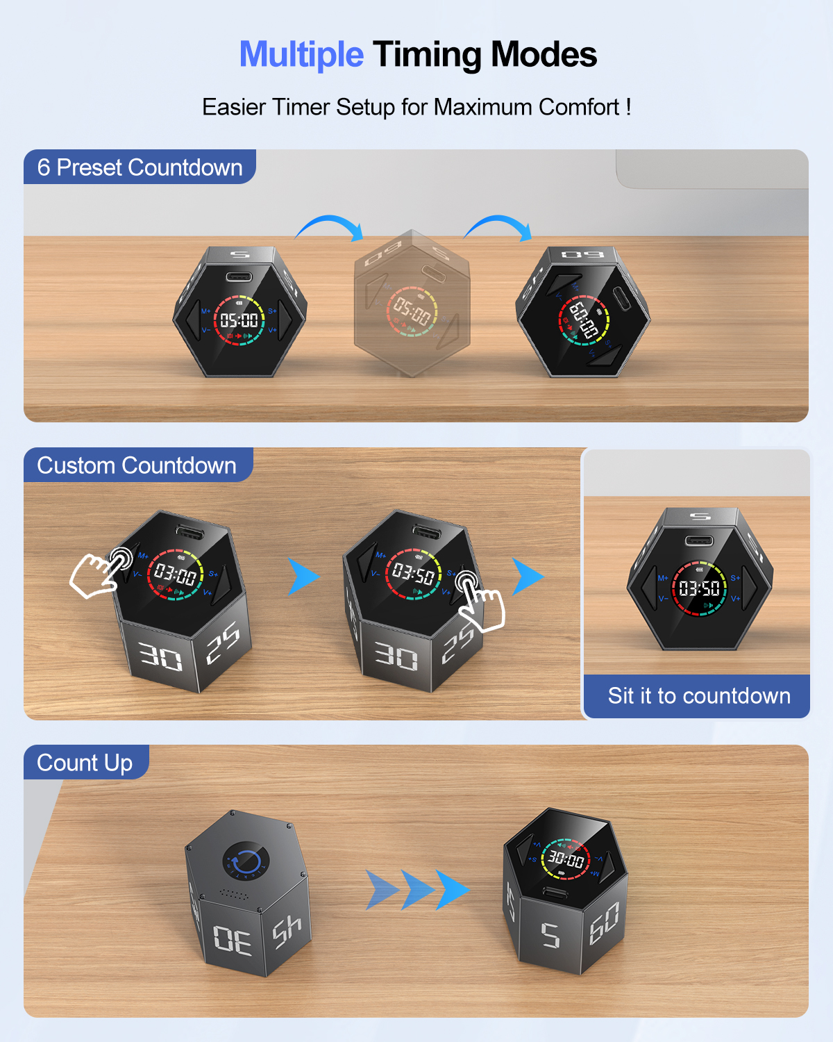 Ticktime Pomodoro Timer, Productivity Timer Cube, 5/15/25/30/45/60 Min Presets, Custom Countdown & Stopwatch 1s–99m59s, Sound/Vibration/Silent, Magnetic, Rechargeable, for ADHD Study Work, Black