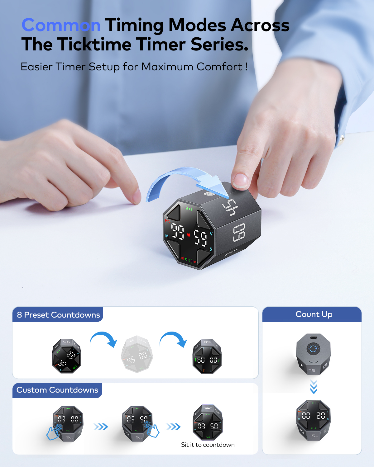 Ticktime Pomodoro Timer, Productivity Timer, Typical & Customizable Pomodoro, Quick-Flip Countdown, 3/5/10/15/30/45/60Min Presets, Stopwatch, Rechargeable, Silent, Sound & Vibration, Magnetic, Black