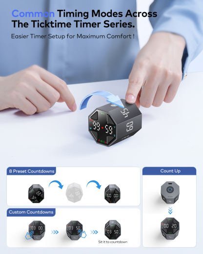 Ticktime Pomodoro Timer, Productivity Timer, Typical & Customizable Pomodoro, Quick-Flip Countdown, 3/5/10/15/30/45/60Min Presets, Stopwatch, Rechargeable, Silent, Sound & Vibration, Magnetic, Black
