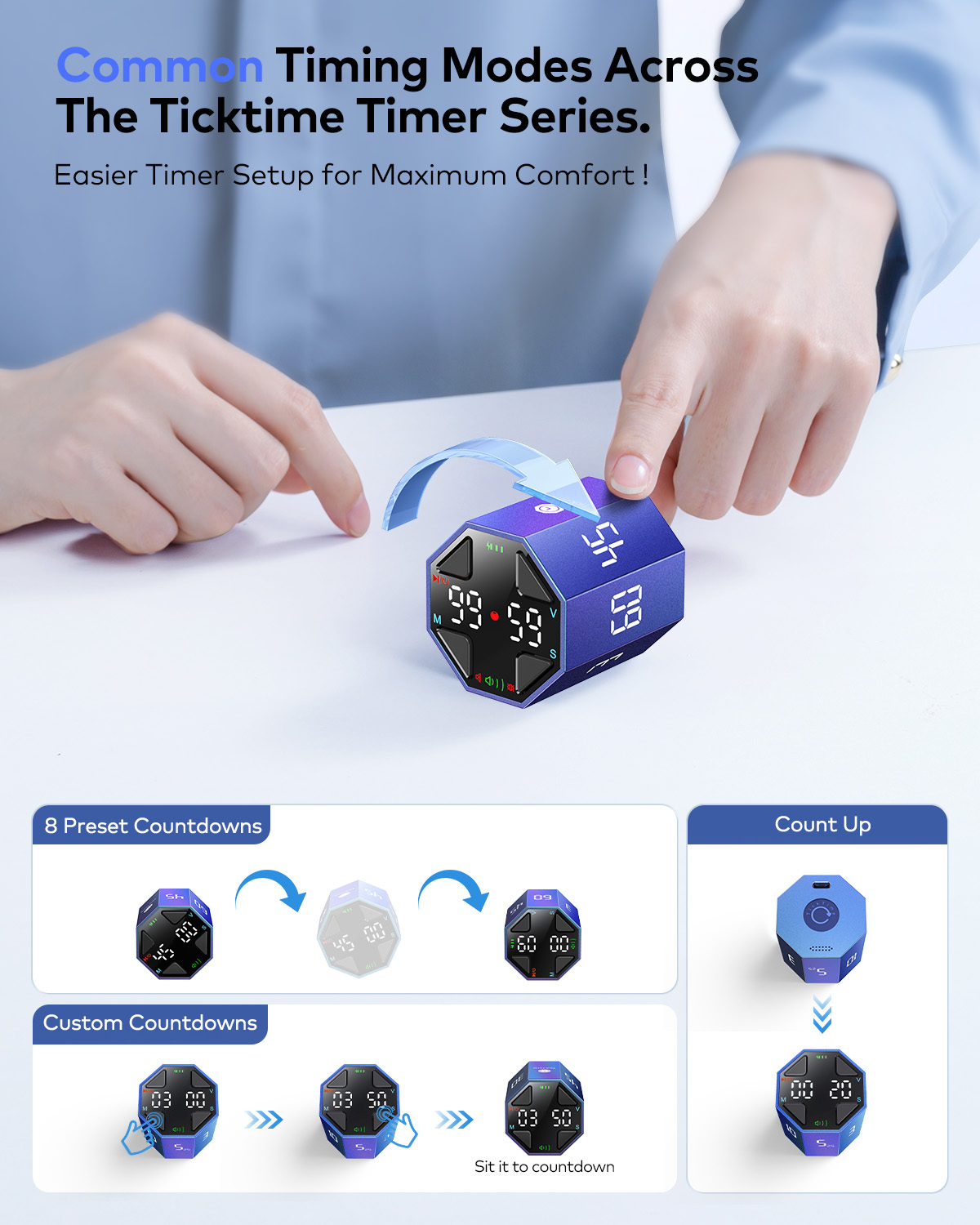 Ticktime Pomodoro Timer, Productivity Timer, Typical & Customizable Pomodoro, Quick-Flip Countdown, 3/5/10/15/30/45/60Min Presets, Stopwatch, Rechargeable, Silent, Sound & Vibration, Magnetic, Blue