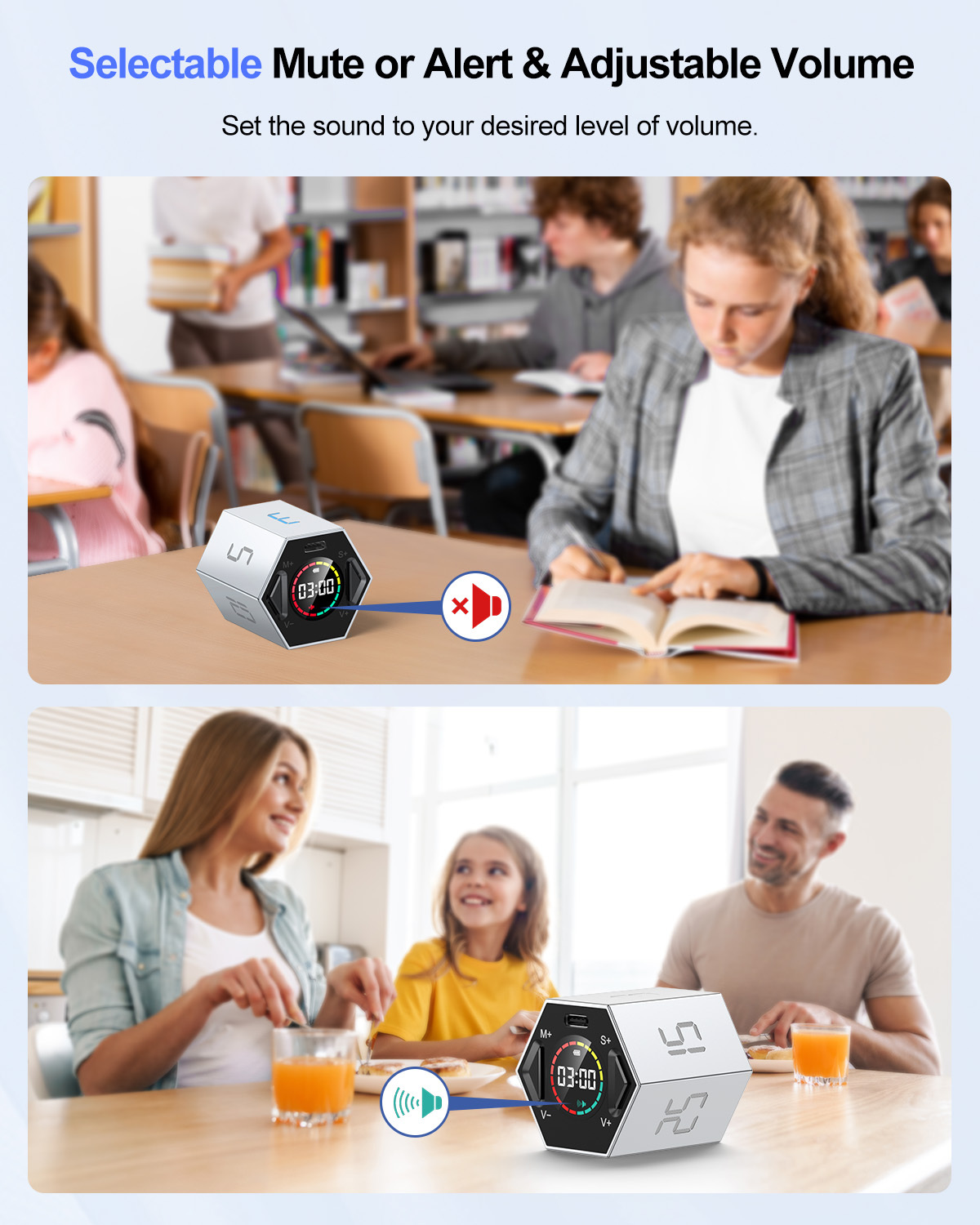 Ticktime Pomodoro Timer, Productivity Timer Cube, 3/5/10/15/25/30 Min Presets, Custom Countdown & Stopwatch 1s–99m59s, Sound/Vibration/Silent, Magnetic, Rechargeable, for ADHD Study Work, Gray