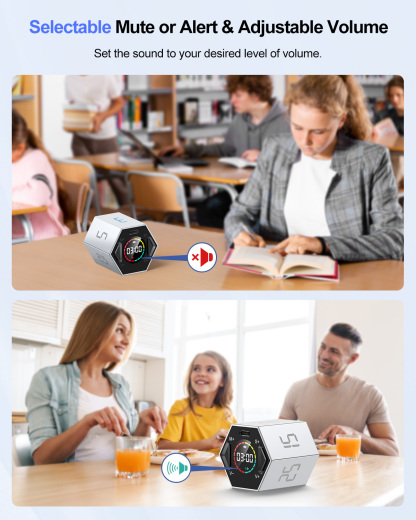 Ticktime Pomodoro Timer, Productivity Timer Cube, 3/5/10/15/25/30 Min Presets, Custom Countdown & Stopwatch 1s–99m59s, Sound/Vibration/Silent, Magnetic, Rechargeable, for ADHD Study Work, Gray