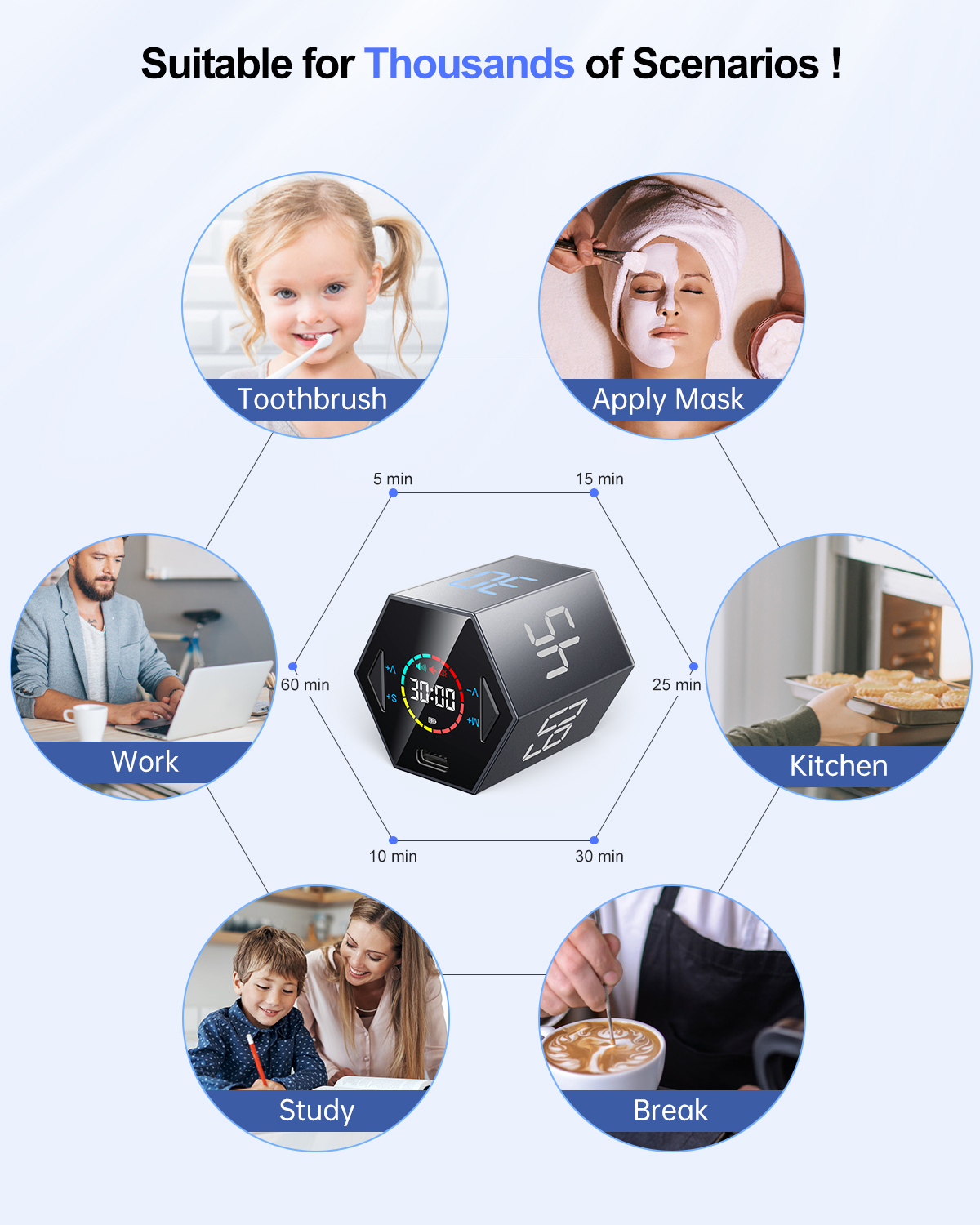 Ticktime Pomodoro Timer, Productivity Timer Cube, 5/15/25/30/45/60 Min Presets, Custom Countdown & Stopwatch 1s–99m59s, Sound/Vibration/Silent, Magnetic, Rechargeable, for ADHD Study Work, Black