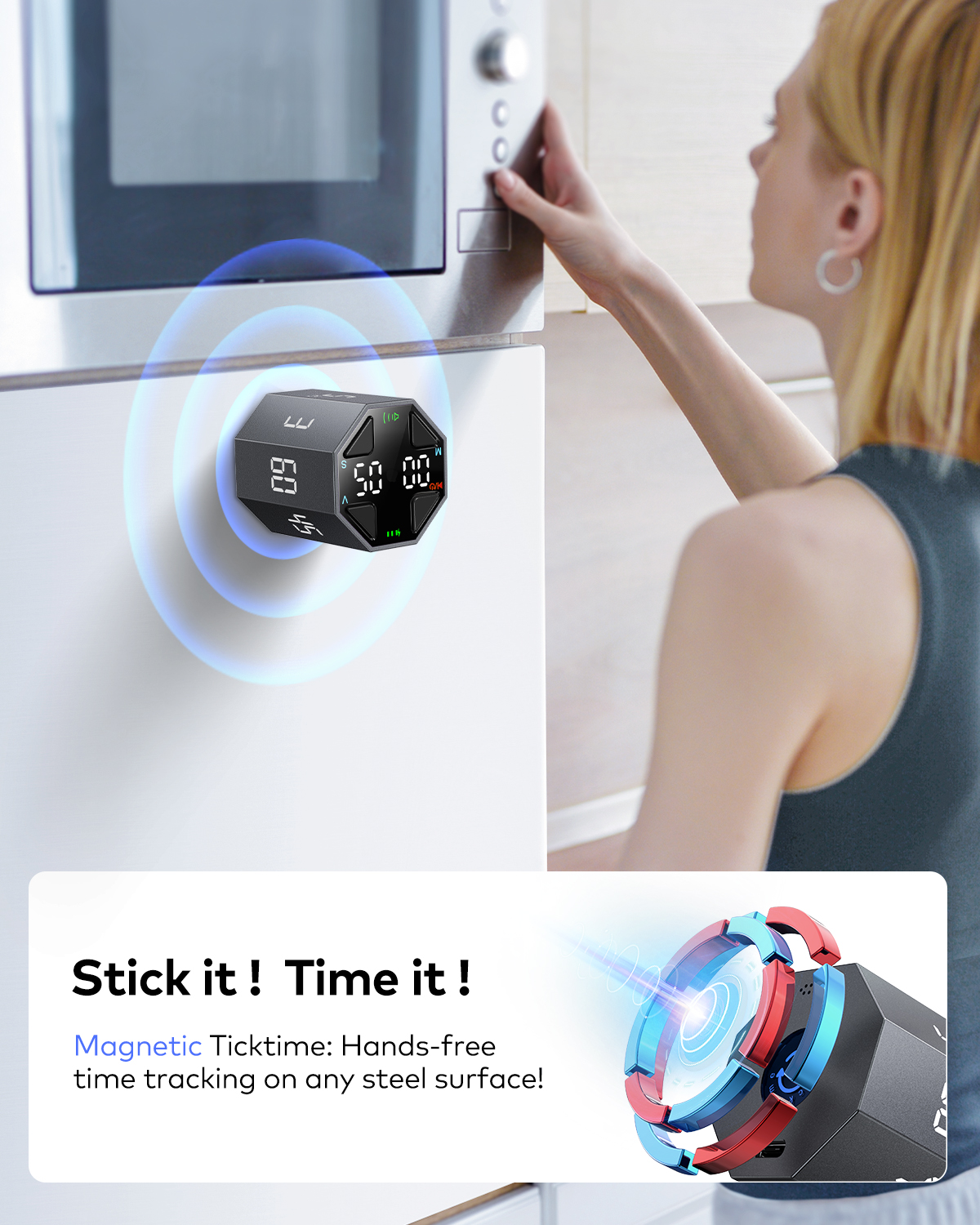 Ticktime Pomodoro Timer, Productivity Timer, Typical & Customizable Pomodoro, Quick-Flip Countdown, 3/5/10/15/30/45/60Min Presets, Stopwatch, Rechargeable, Silent, Sound & Vibration, Magnetic, Black