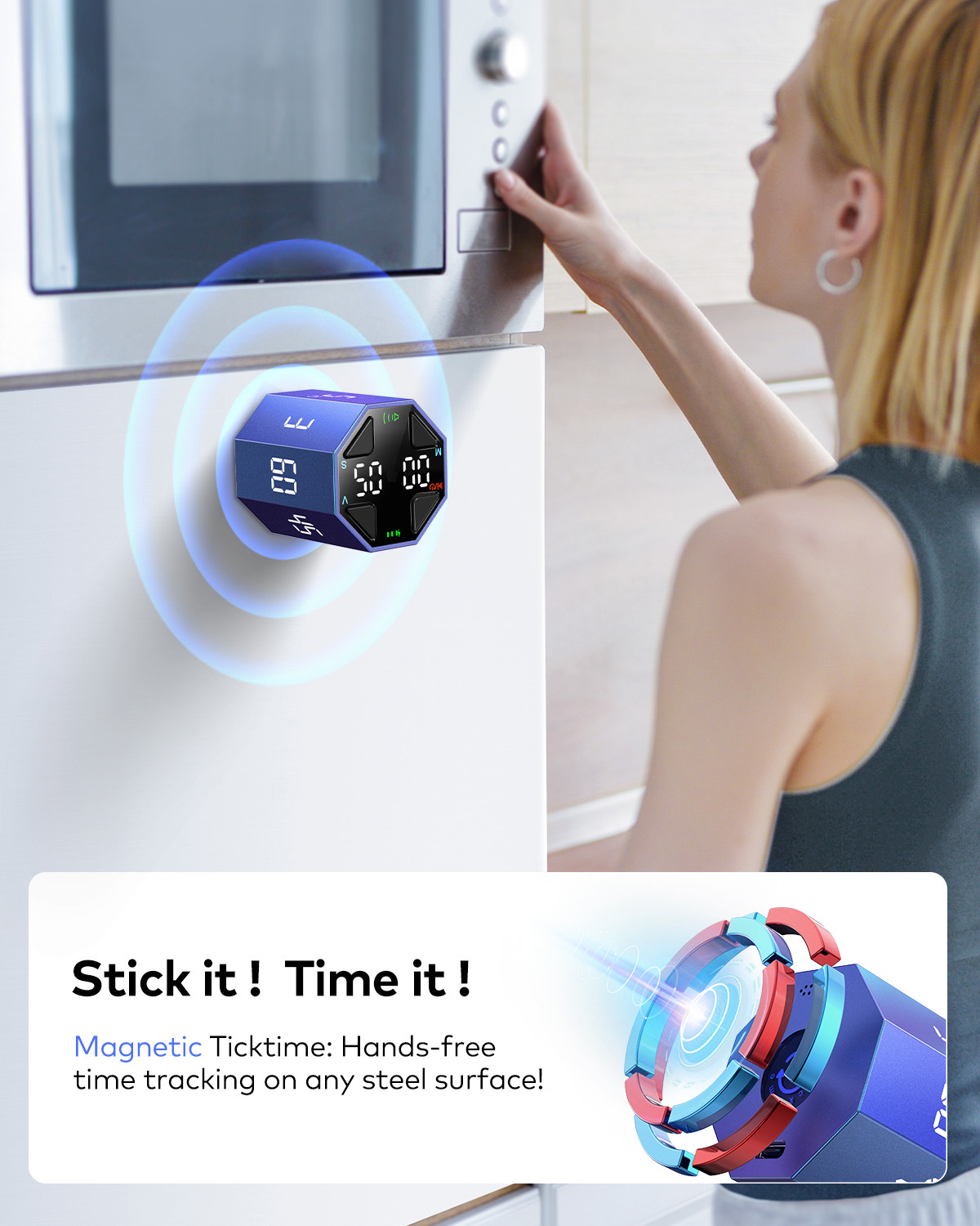 Ticktime Pomodoro Timer, Productivity Timer, Typical & Customizable Pomodoro, Quick-Flip Countdown, 3/5/10/15/30/45/60Min Presets, Stopwatch, Rechargeable, Silent, Sound & Vibration, Magnetic, Blue