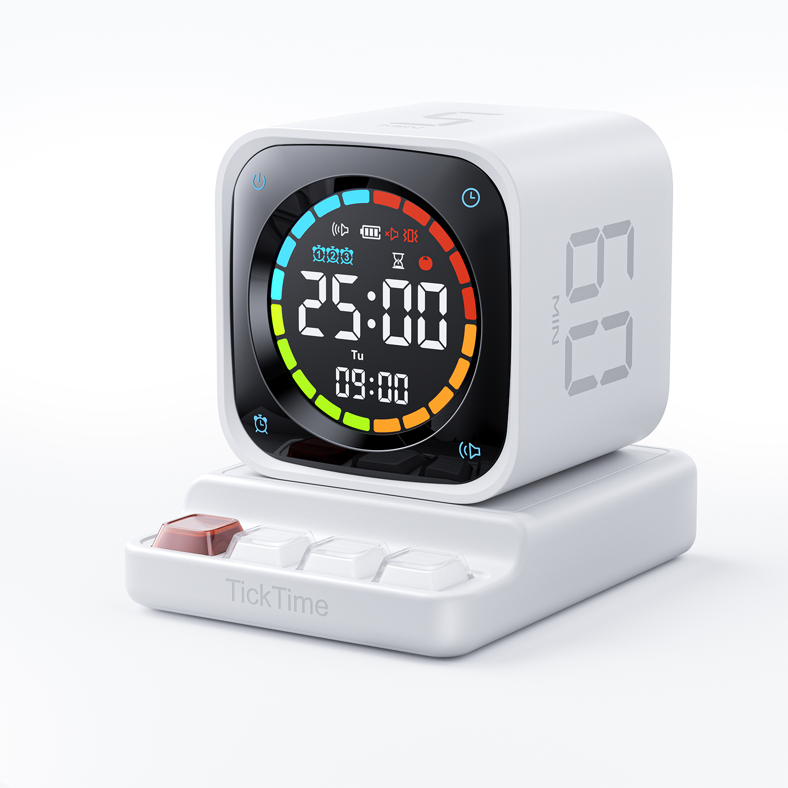 Ticktime TK3 Pomodoro Timer Cube, Productivity Timer, 5/10/30/60 Min Presets, Custom Countdown, Stopwatch & Clock, Triple Alarms, Silent/Vibration/Sound Alerts, Rechargeable for ADHD Study Work, White