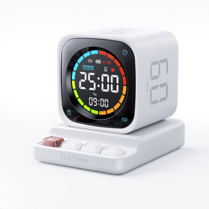 Ticktime TK3 Pomodoro Timer Cube, Productivity Timer, 5/10/30/60 Min Presets, Custom Countdown, Stopwatch & Clock, Triple Alarms, Silent/Vibration/Sound Alerts, Rechargeable for ADHD Study Work, White