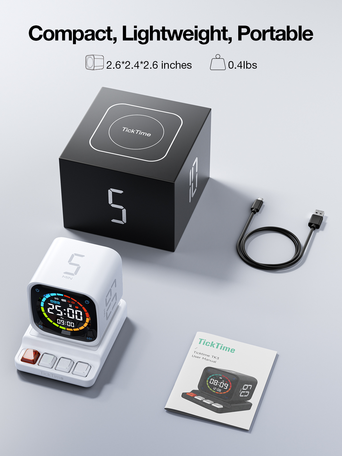 Ticktime TK3 Pomodoro Timer Cube, Productivity Timer, 5/10/30/60 Min Presets, Custom Countdown, Stopwatch & Clock, Triple Alarms, Silent/Vibration/Sound Alerts, Rechargeable for ADHD Study Work, White