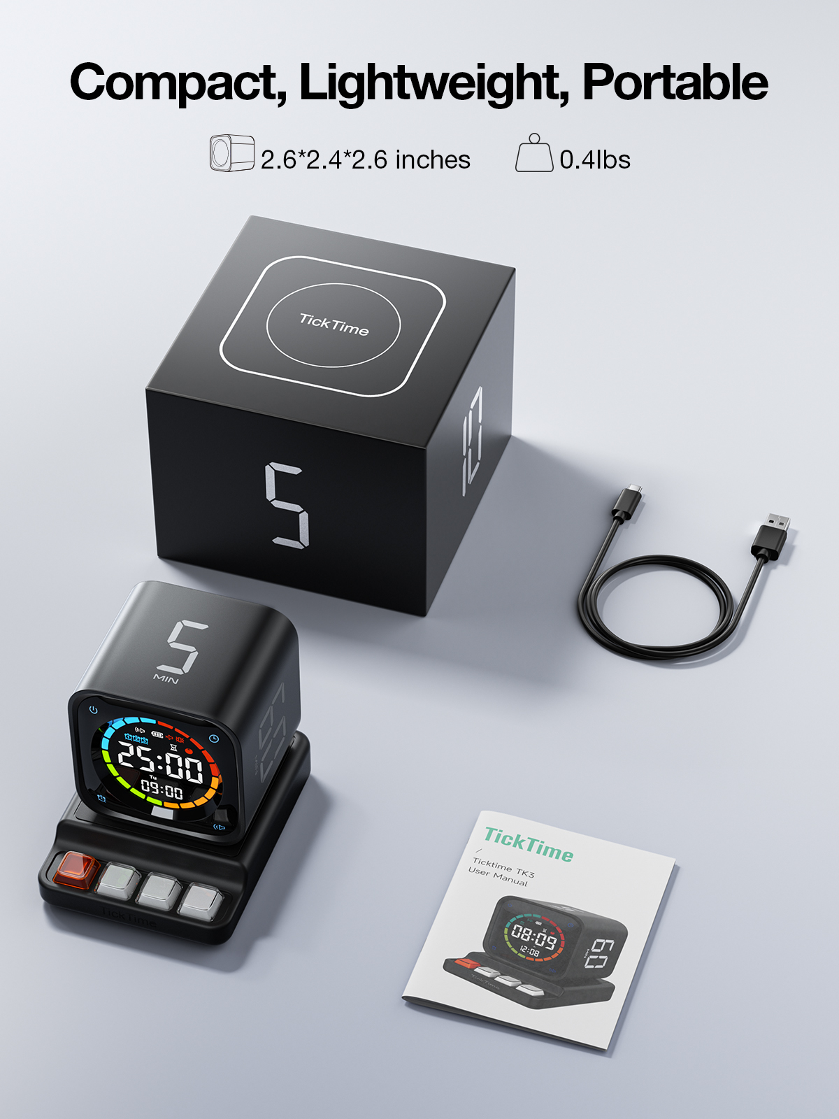 Ticktime TK3 Pomodoro Timer Cube, Productivity Timer, 5/10/30/60 Min Presets, Custom Countdown, Stopwatch & Clock, Triple Alarms, Silent/Vibration/Sound Alerts, Rechargeable for ADHD Study Work