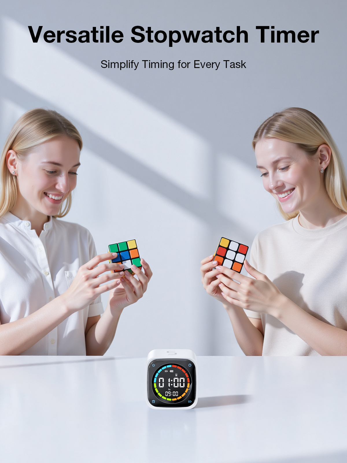 Ticktime TK3 Pomodoro Timer Cube, Productivity Timer, 5/10/30/60 Min Presets, Custom Countdown, Stopwatch & Clock, Triple Alarms, Silent/Vibration/Sound Alerts, Rechargeable for ADHD Study Work, White