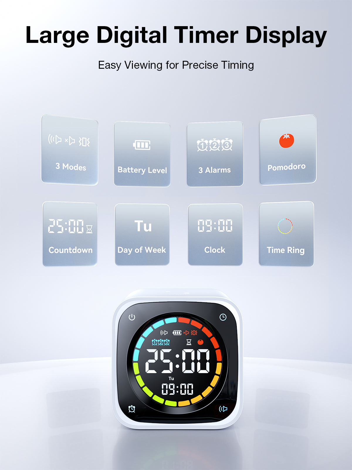 Ticktime TK3 Pomodoro Timer Cube, Productivity Timer, 5/10/30/60 Min Presets, Custom Countdown, Stopwatch & Clock, Triple Alarms, Silent/Vibration/Sound Alerts, Rechargeable for ADHD Study Work, White