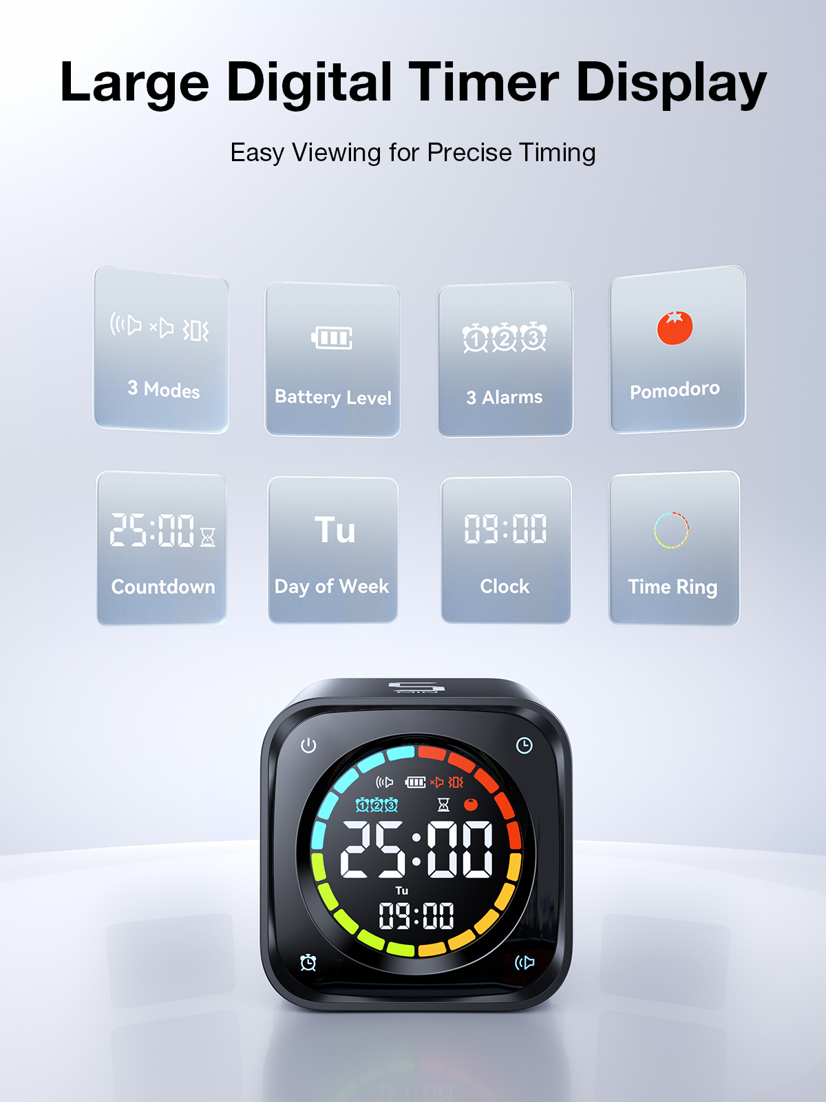 Ticktime TK3 Pomodoro Timer Cube, Productivity Timer, 5/10/30/60 Min Presets, Custom Countdown, Stopwatch & Clock, Triple Alarms, Silent/Vibration/Sound Alerts, Rechargeable for ADHD Study Work