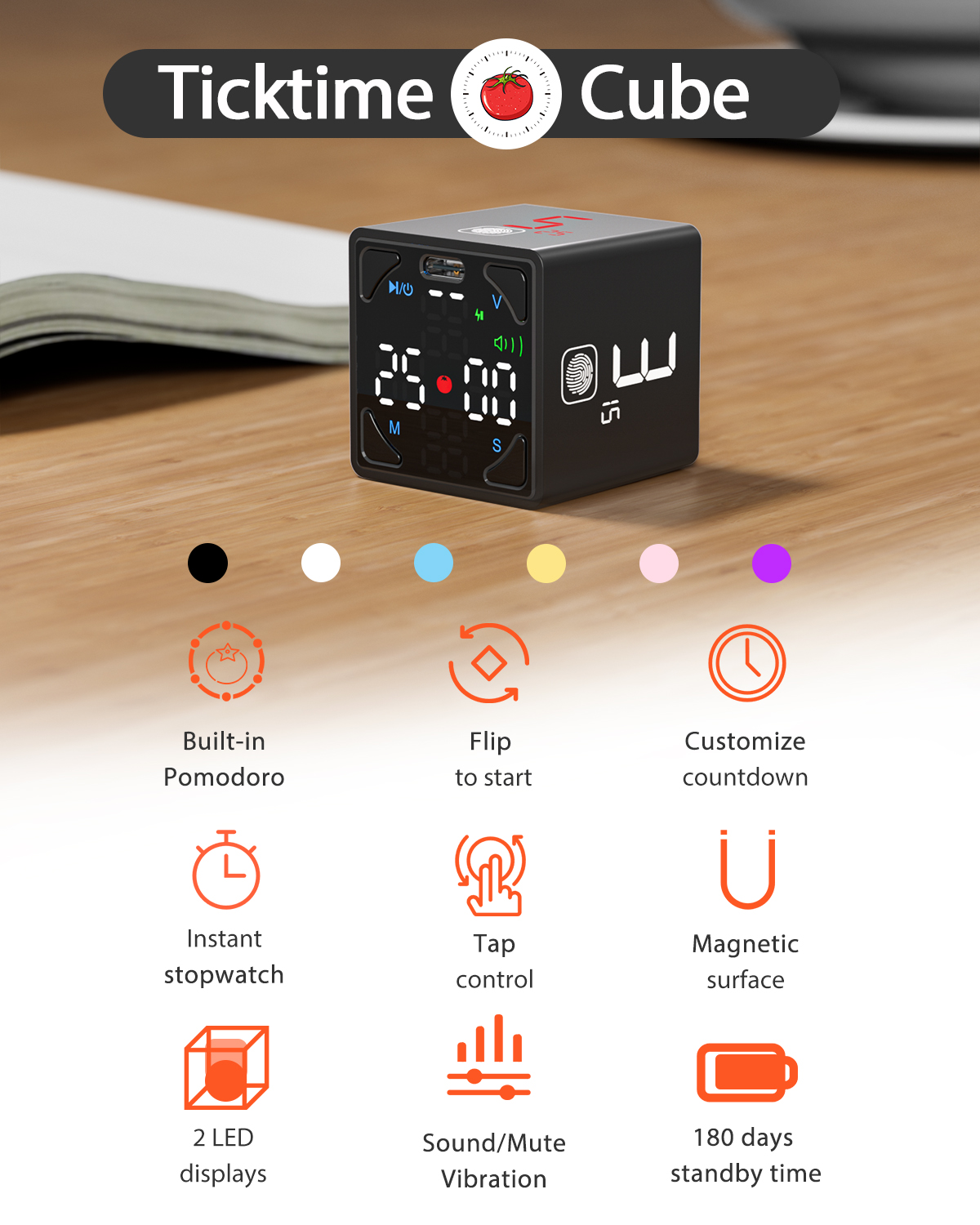 Ticktime Pomodoro Timer Cube, Flip Countdown Timer 1/3/5/10/15/25/45/60 Min with Stopwatch, Touch Control, Silent/Vibration/Sound Modes, Magnetic Back, USB-C Rechargeable for Study, Work, ADHD, Black