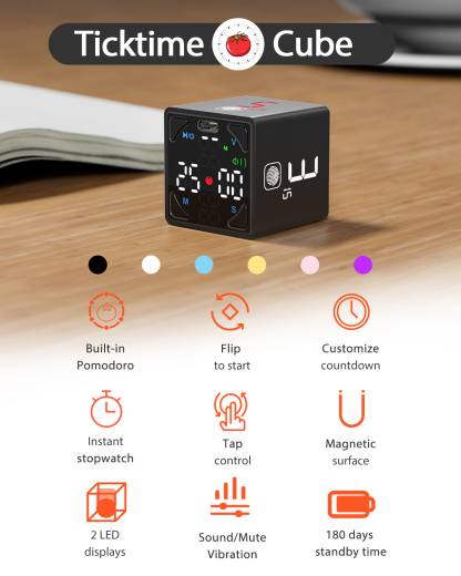 Ticktime Pomodoro Timer Cube, Flip Countdown Timer 1/3/5/10/15/25/45/60 Min with Stopwatch, Touch Control, Silent/Vibration/Sound Modes, Magnetic Back, USB-C Rechargeable for Study, Work, ADHD, Black