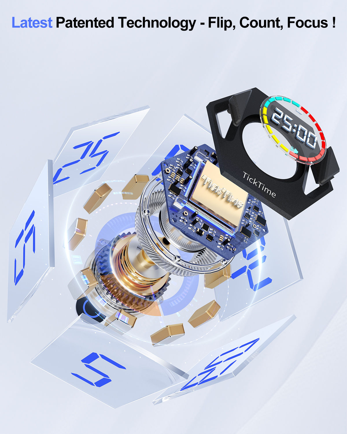 Ticktime Pomodoro Timer, Productivity Timer Cube, 5/15/25/30/45/60 Min Presets, Custom Countdown & Stopwatch 1s–99m59s, Sound/Vibration/Silent, Magnetic, Rechargeable, for ADHD Study Work, Silver