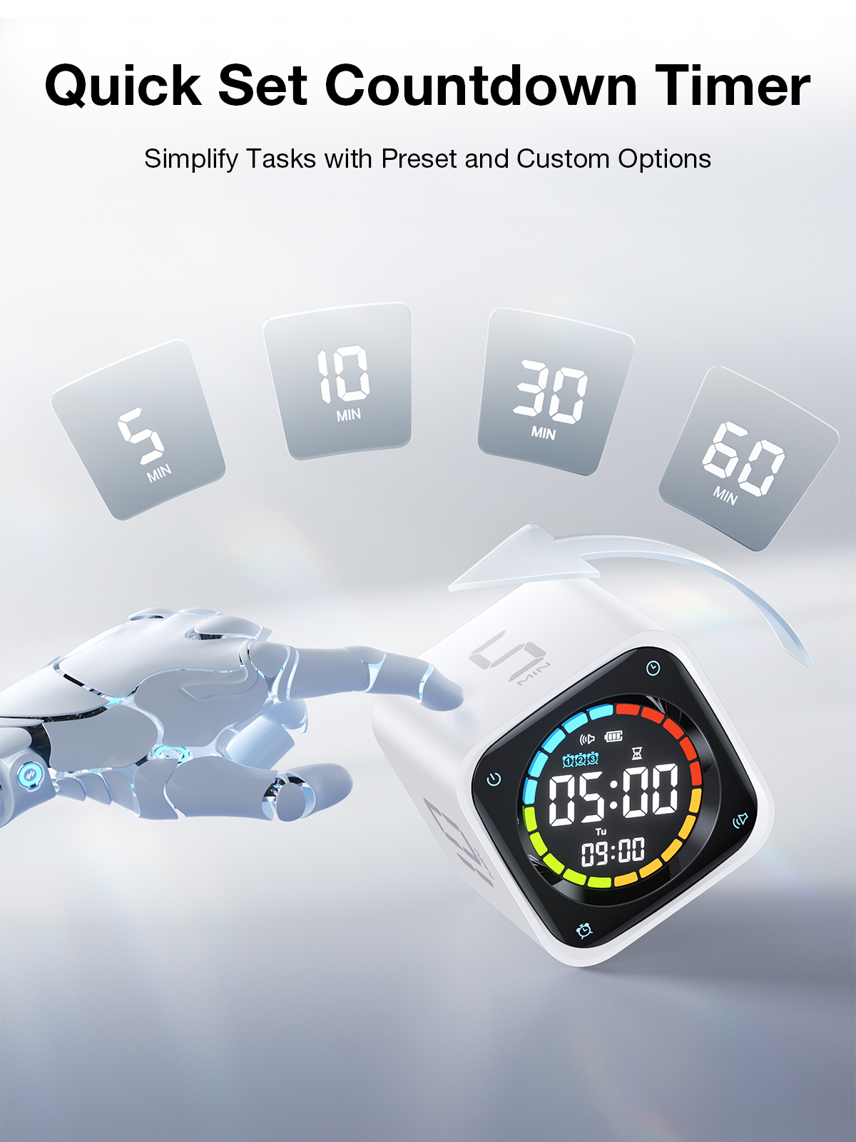 Ticktime TK3 Pomodoro Timer Cube, Productivity Timer, 5/10/30/60 Min Presets, Custom Countdown, Stopwatch & Clock, Triple Alarms, Silent/Vibration/Sound Alerts, Rechargeable for ADHD Study Work, White