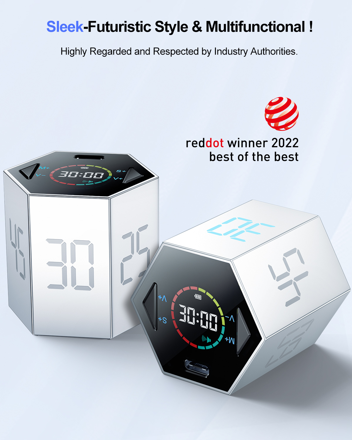 Ticktime Pomodoro Timer, Productivity Timer Cube, 5/15/25/30/45/60 Min Presets, Custom Countdown & Stopwatch 1s–99m59s, Sound/Vibration/Silent, Magnetic, Rechargeable, for ADHD Study Work, Silver