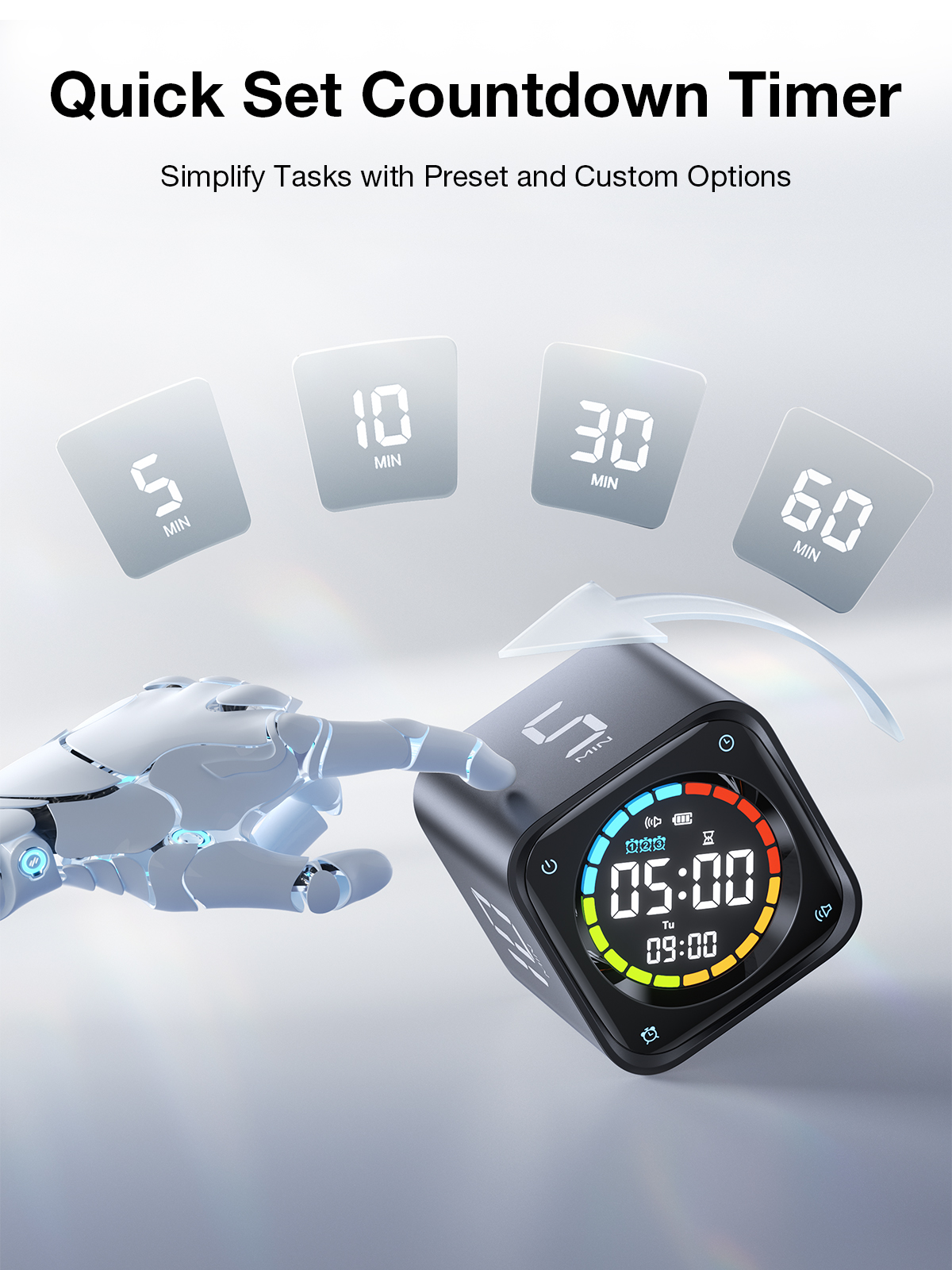 Ticktime TK3 Pomodoro Timer Cube, Productivity Timer, 5/10/30/60 Min Presets, Custom Countdown, Stopwatch & Clock, Triple Alarms, Silent/Vibration/Sound Alerts, Rechargeable for ADHD Study Work