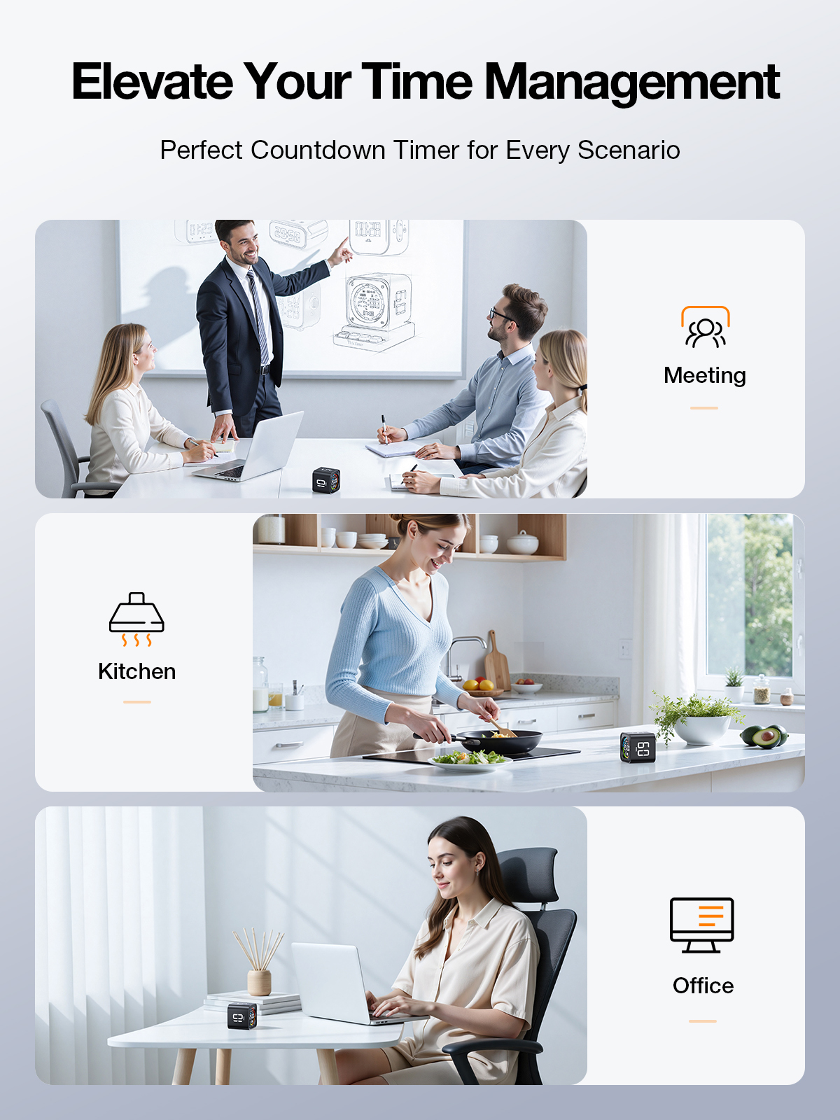 Ticktime TK3 Pomodoro Timer Cube, Productivity Timer, 5/10/30/60 Min Presets, Custom Countdown, Stopwatch & Clock, Triple Alarms, Silent/Vibration/Sound Alerts, Rechargeable for ADHD Study Work