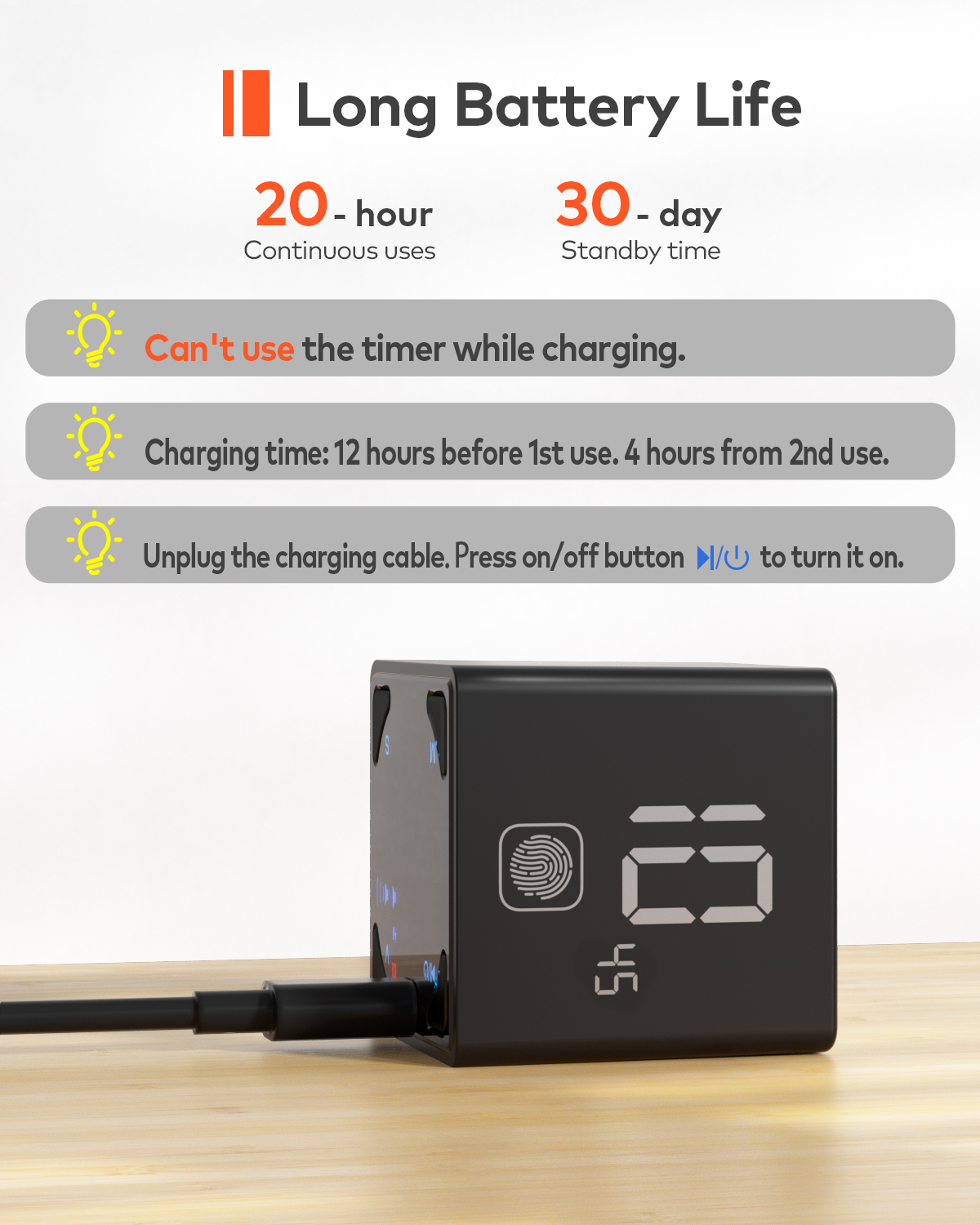 Ticktime Pomodoro Timer Cube, Flip Countdown Timer 1/3/5/10/15/25/45/60 Min with Stopwatch, Touch Control, Silent/Vibration/Sound Modes, Magnetic Back, USB-C Rechargeable for Study, Work, ADHD, Black