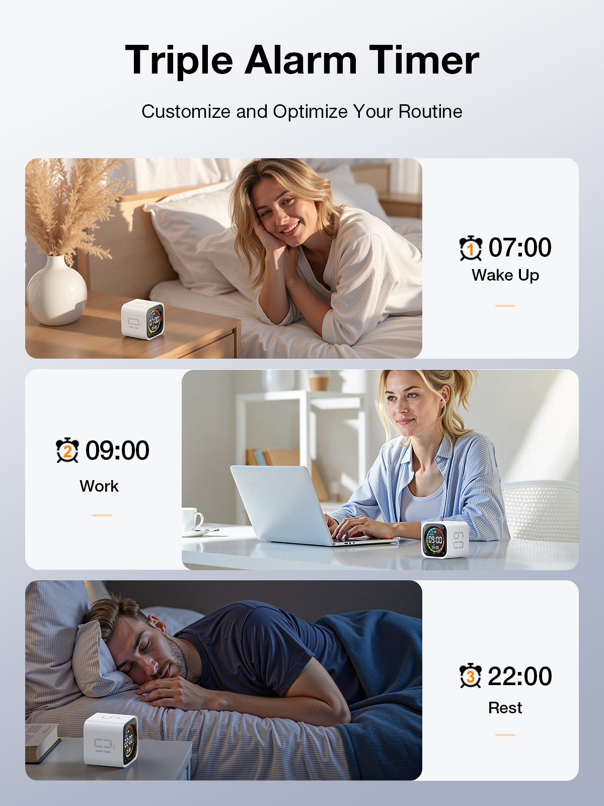 Ticktime TK3 Pomodoro Timer Cube, Productivity Timer, 5/10/30/60 Min Presets, Custom Countdown, Stopwatch & Clock, Triple Alarms, Silent/Vibration/Sound Alerts, Rechargeable for ADHD Study Work, White