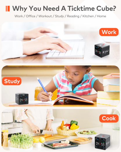Ticktime Pomodoro Timer Cube, Flip Countdown Timer 1/3/5/10/15/25/45/60 Min with Stopwatch, Touch Control, Silent/Vibration/Sound Modes, Magnetic Back, USB-C Rechargeable for Study, Work, ADHD, Black
