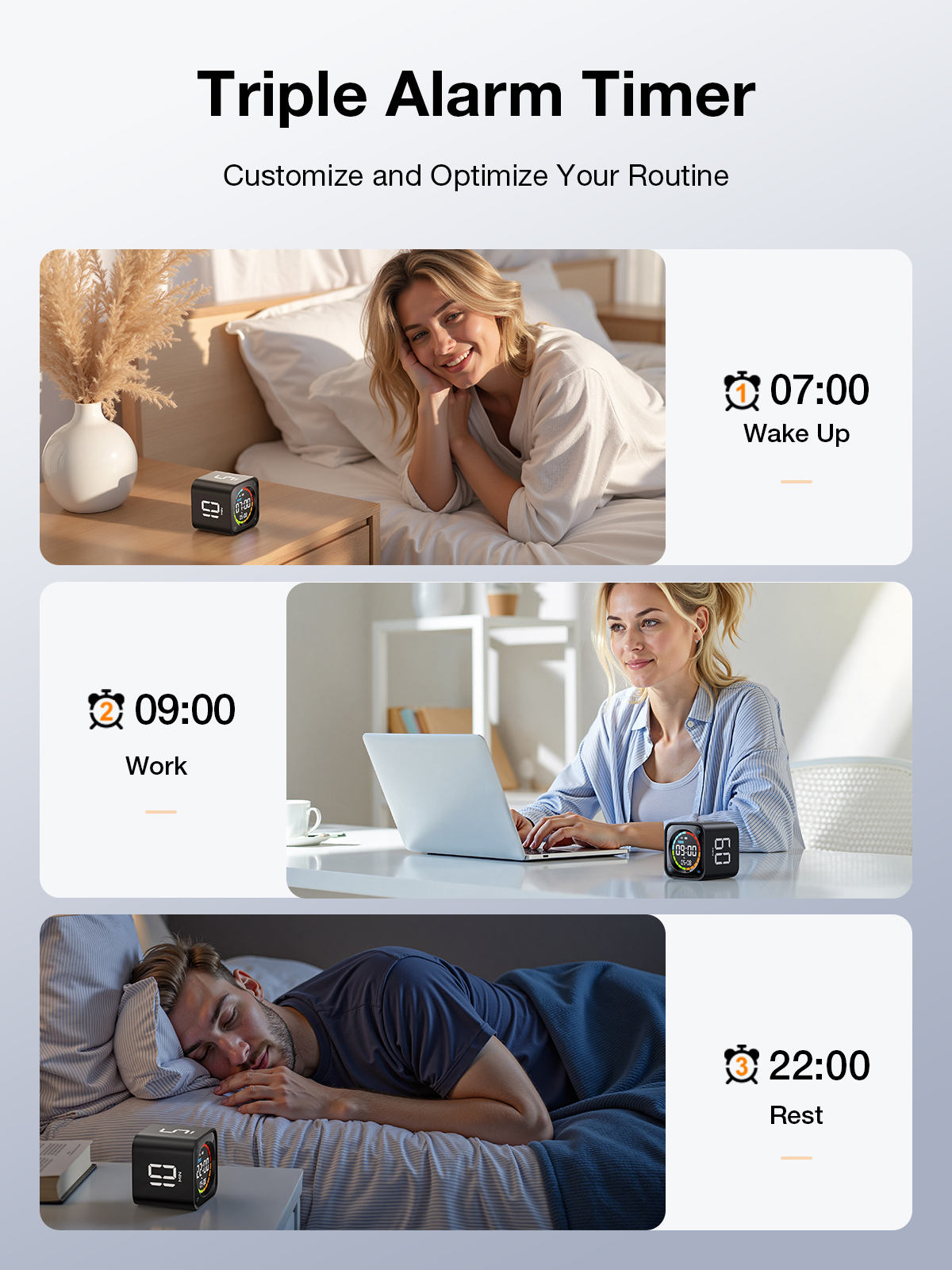 Ticktime TK3 Pomodoro Timer Cube, Productivity Timer, 5/10/30/60 Min Presets, Custom Countdown, Stopwatch & Clock, Triple Alarms, Silent/Vibration/Sound Alerts, Rechargeable for ADHD Study Work