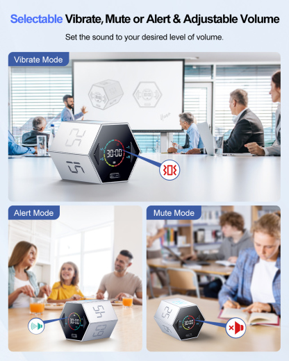 Ticktime Pomodoro Timer, Productivity Timer Cube, 5/15/25/30/45/60 Min Presets, Custom Countdown & Stopwatch 1s–99m59s, Sound/Vibration/Silent, Magnetic, Rechargeable, for ADHD Study Work, Silver
