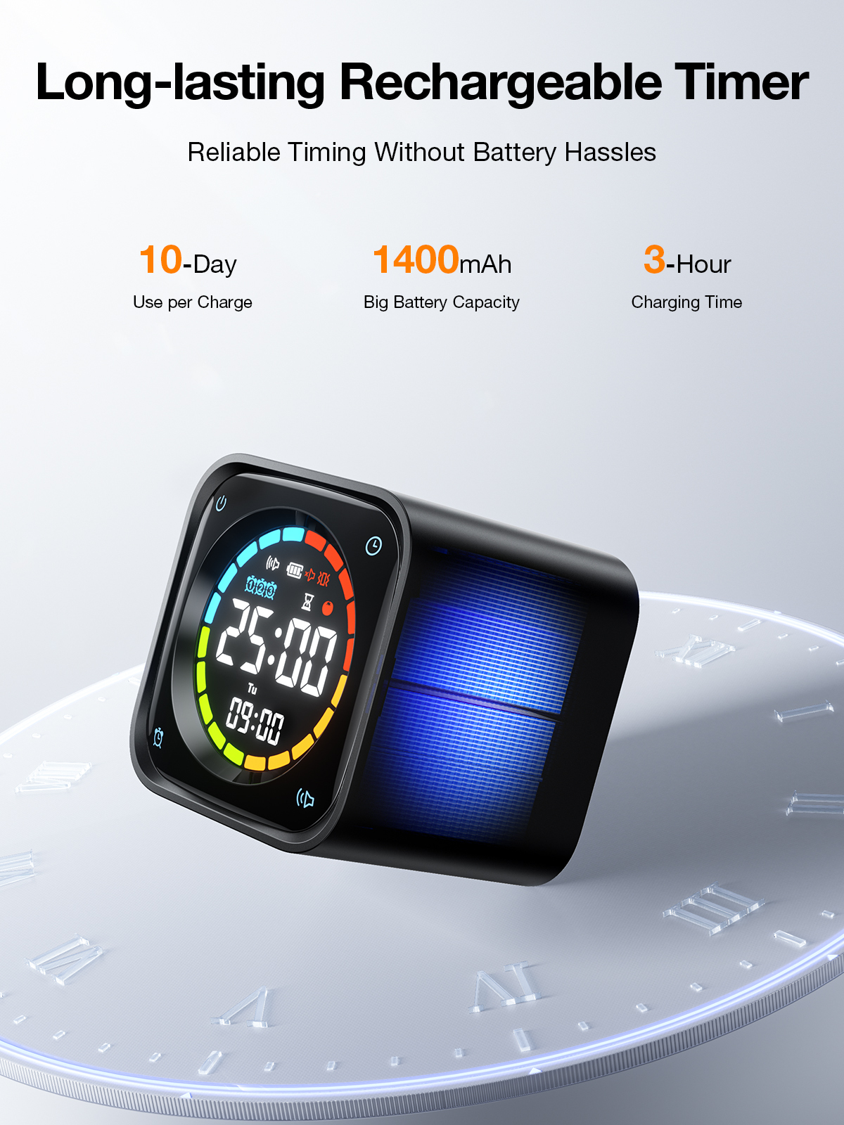 Ticktime TK3 Pomodoro Timer Cube, Productivity Timer, 5/10/30/60 Min Presets, Custom Countdown, Stopwatch & Clock, Triple Alarms, Silent/Vibration/Sound Alerts, Rechargeable for ADHD Study Work