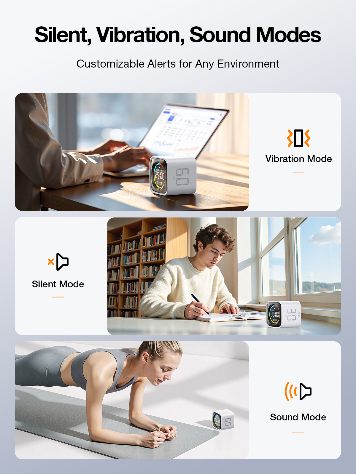 Ticktime TK3 Pomodoro Timer Cube, Productivity Timer, 5/10/30/60 Min Presets, Custom Countdown, Stopwatch & Clock, Triple Alarms, Silent/Vibration/Sound Alerts, Rechargeable for ADHD Study Work, White