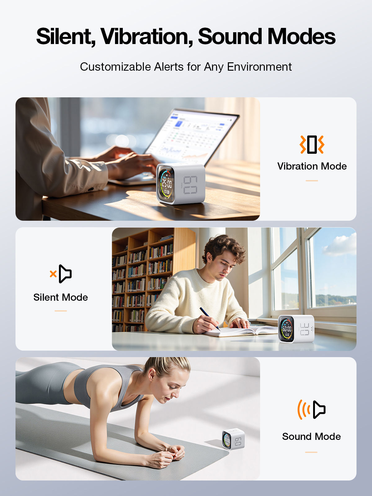 Ticktime TK3 Pomodoro Timer Cube, Productivity Timer, 5/10/30/60 Min Presets, Custom Countdown, Stopwatch & Clock, Triple Alarms, Silent/Vibration/Sound Alerts, Rechargeable for ADHD Study Work, White