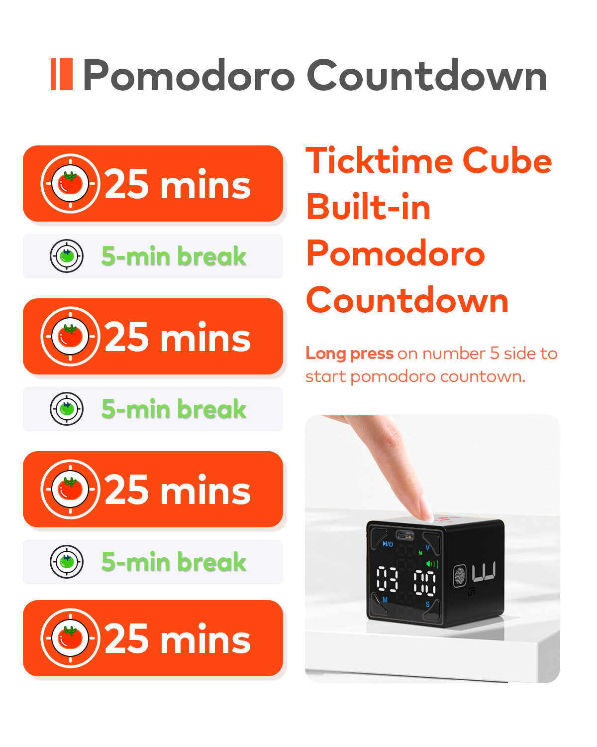 Ticktime Pomodoro Timer Cube, Flip Countdown Timer 1/3/5/10/15/25/45/60 Min with Stopwatch, Touch Control, Silent/Vibration/Sound Modes, Magnetic Back, USB-C Rechargeable for Study, Work, ADHD, Black