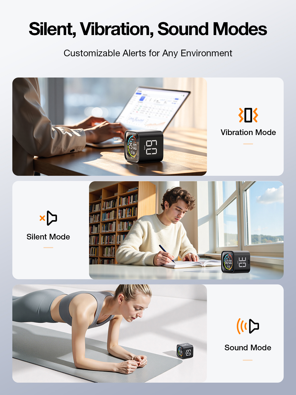 Ticktime TK3 Pomodoro Timer Cube, Productivity Timer, 5/10/30/60 Min Presets, Custom Countdown, Stopwatch & Clock, Triple Alarms, Silent/Vibration/Sound Alerts, Rechargeable for ADHD Study Work