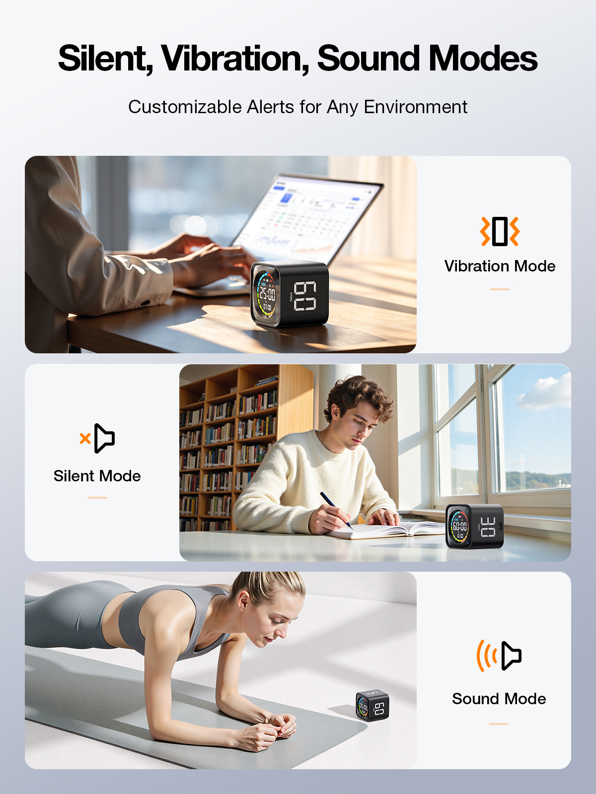 Ticktime TK3 Pomodoro Timer Cube, Productivity Timer, 5/10/30/60 Min Presets, Custom Countdown, Stopwatch & Clock, Triple Alarms, Silent/Vibration/Sound Alerts, Rechargeable for ADHD Study Work