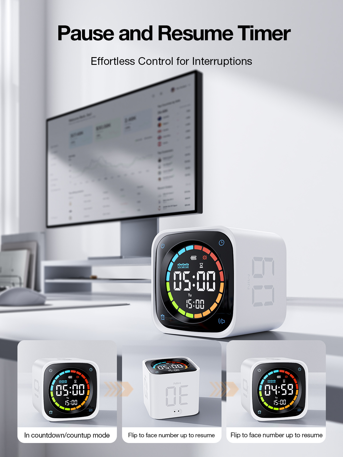 Ticktime TK3 Pomodoro Timer Cube, Productivity Timer, 5/10/30/60 Min Presets, Custom Countdown, Stopwatch & Clock, Triple Alarms, Silent/Vibration/Sound Alerts, Rechargeable for ADHD Study Work, White