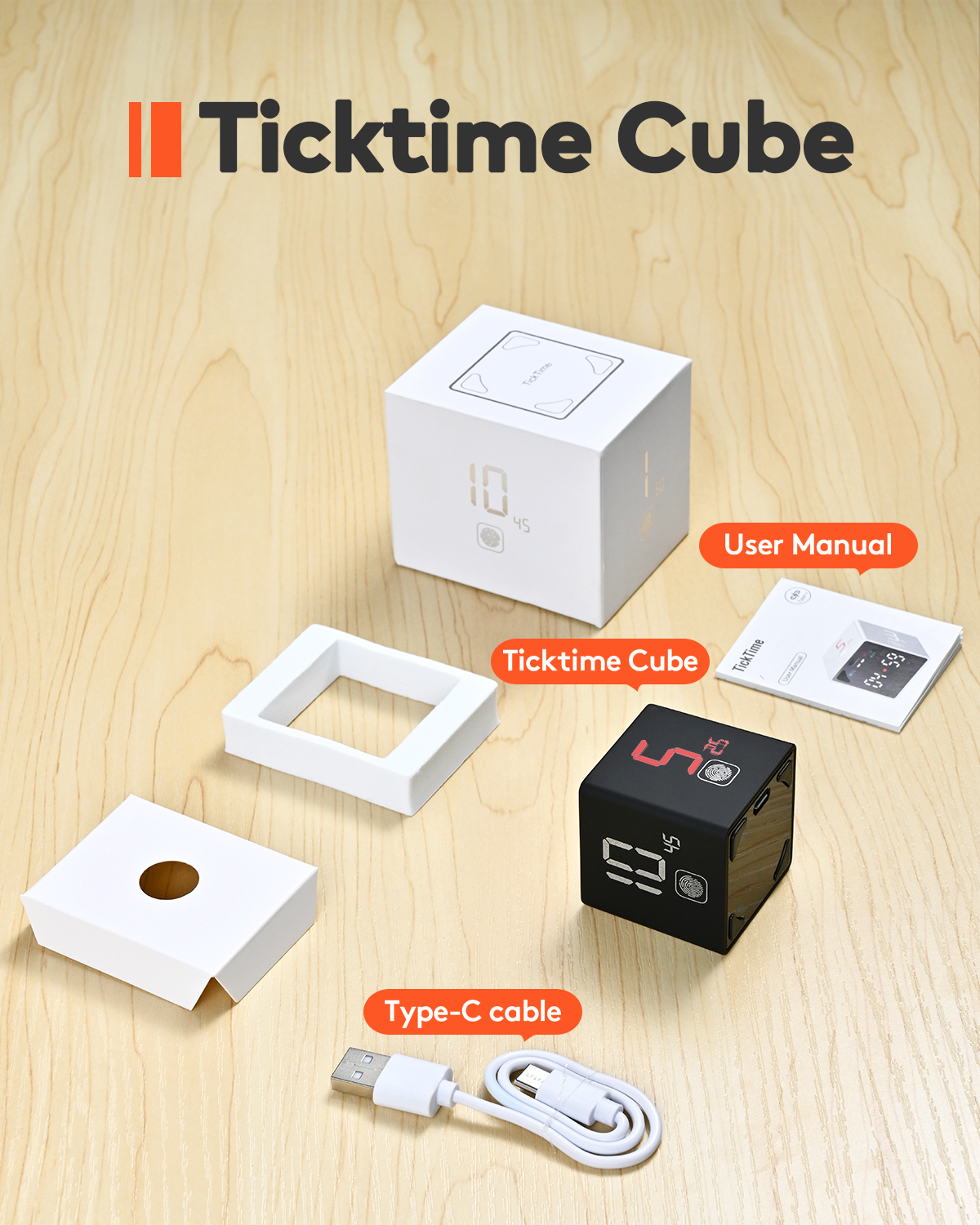 Ticktime Pomodoro Timer Cube, Flip Countdown Timer 1/3/5/10/15/25/45/60 Min with Stopwatch, Touch Control, Silent/Vibration/Sound Modes, Magnetic Back, USB-C Rechargeable for Study, Work, ADHD, Black