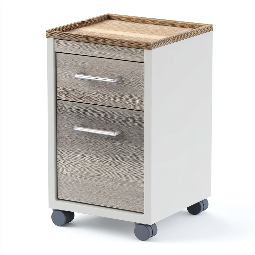 Aktenschrank Holzdekor 39x38x63 cm - Weiß mit Eichenoptik und Rollen - Modernes Design