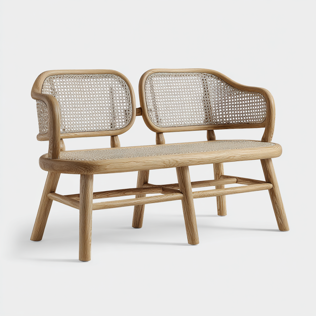 Gartenbank Holz Natur 121x61x83 cm - Zweiersitzbank mit Rattangeflecht Sitzfläche und Rückenlehne - Skandinavisches Design für Innen und Außen-Warmthist