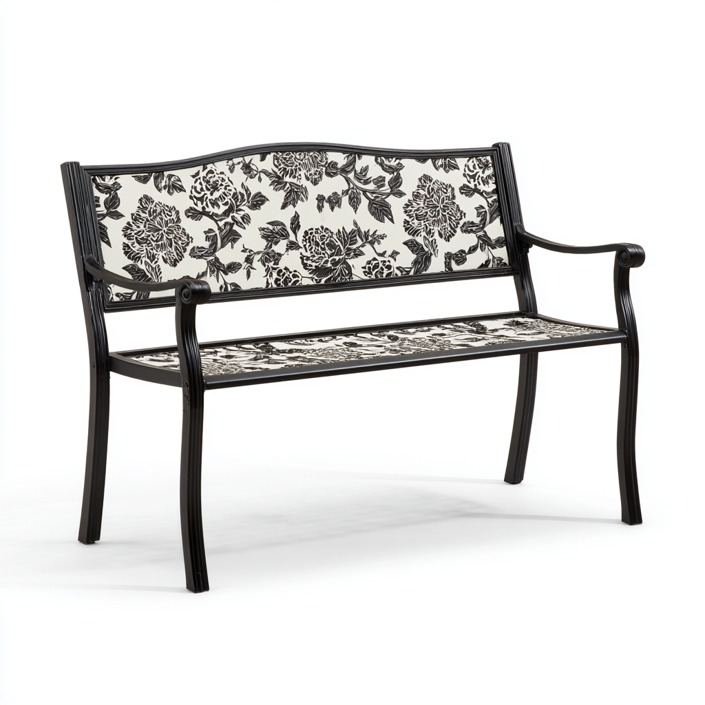 Gartenbank Metall Schwarz-Weiß 125x60x85 cm - Outdoor Sitzbank - Florales Design mit geschwungenen Armlehnen-Warmthist