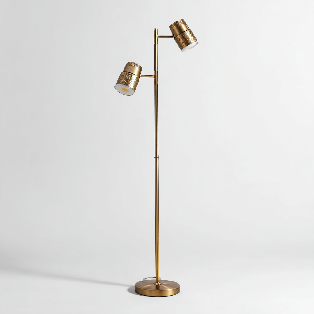Antike Messing-Stehlampe mit zwei verstellbaren Spotlichtern - 160x28x28 cm - Metall - Goldfarben - Retro-Design mit modernem Charme für Wohnzimmer und Leseecke-Warmthist