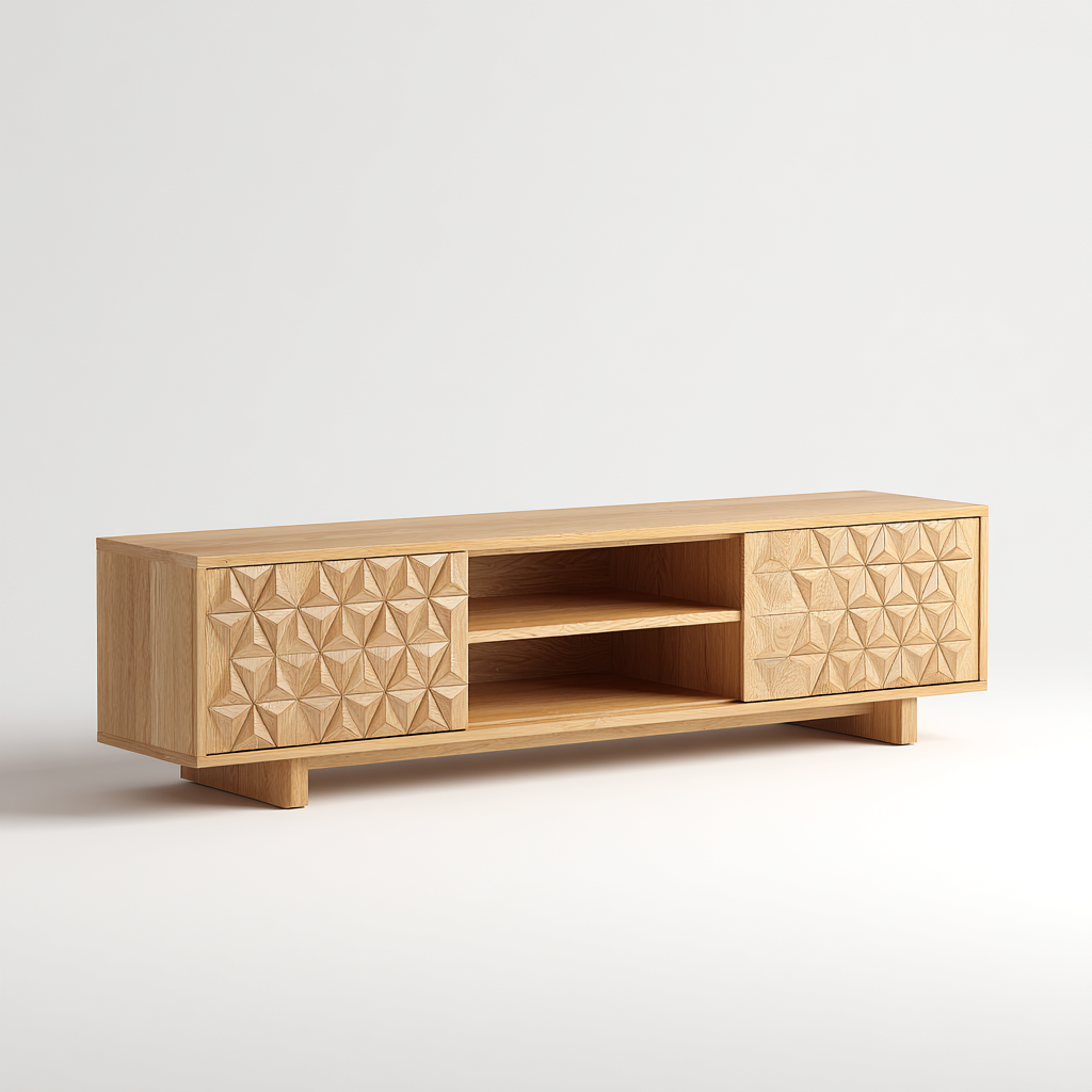 TV-Schrank Massivholz mit geometrischer Front 160x40x55 cm - Naturholz - Modernes Design mit Stauraum-Warmthist