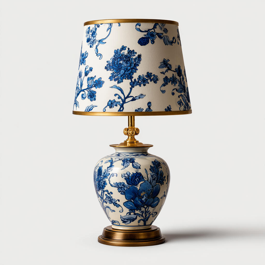 Tischlampe Keramik Messing 26x26x48 cm - Blau/Weiß/Gold - Klassisches Blumenmuster-Design